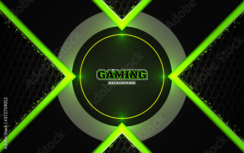 Abstract futuristic black and green gaming background with glossy metal esport shapes. Vector design template technology concept can use element game banner, sport poster, wallpaper, web streaming