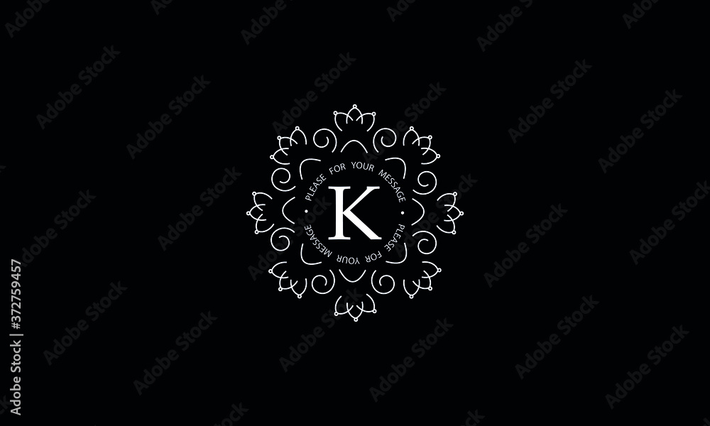 Elegant round monogram template with letter K. Creative white logo on black background. Vector illustration of business, cafe, office, restaurant, heraldry. Elegant round monogram template with letter K. Creative white logo on black background. Vector illustration of business, cafe, office, restaurant, heraldry.
