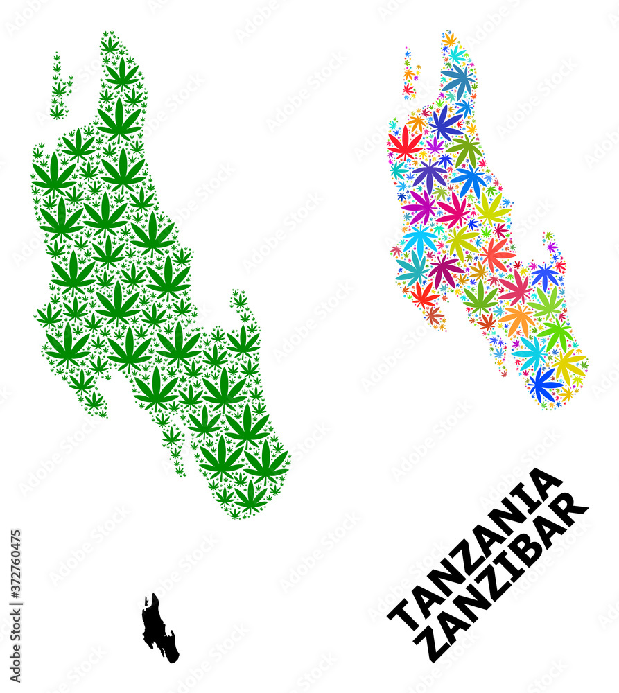 Vector Mosaic Map of Zanzibar Island of Bright and Green Weed Leaves and Solid Map