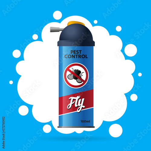 Can of aerosol against insects, flies, midges, mosquito. pest control. Repellent spray in a blue bottle. Blue background. Vector illustration