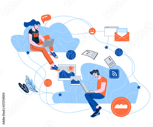 Cloud networking and social media communication concept with people working on laptop. Connectivity, cloud storage and worldwide information sharing technology. Cartoon vector illustration.