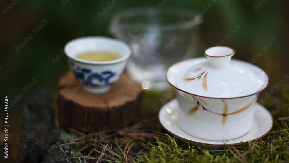 Chinese teaware with green tea on the wooden stand at forest place Chinese teaware with green tea on the wooden stand at forest place