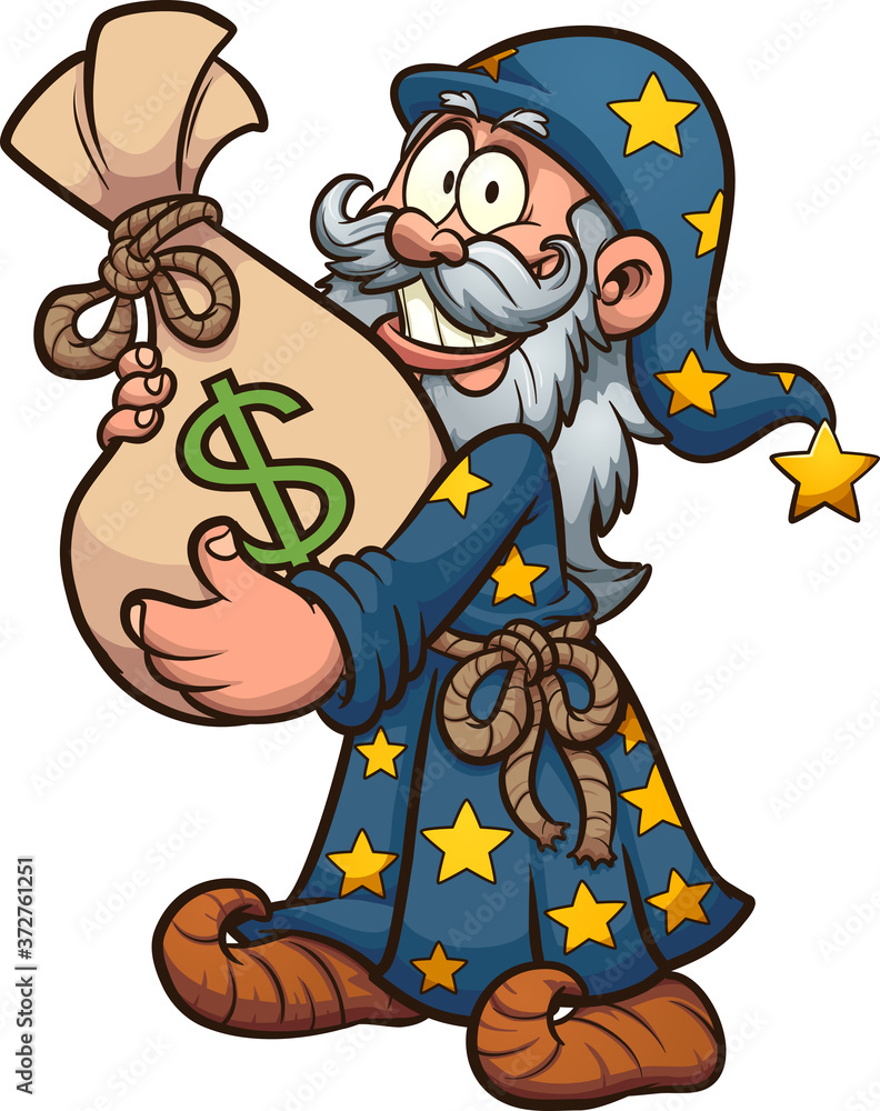 Cartoon wizard holding a big bag of money. Vector clip art illustration.  All on a single layer. Stock Vector | Adobe Stock
