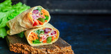 tortilla wrap vegetables burrito stuffing lavash vegetarian pita bread Menu concept Takeaway serving size fast food background top view copy space portion
