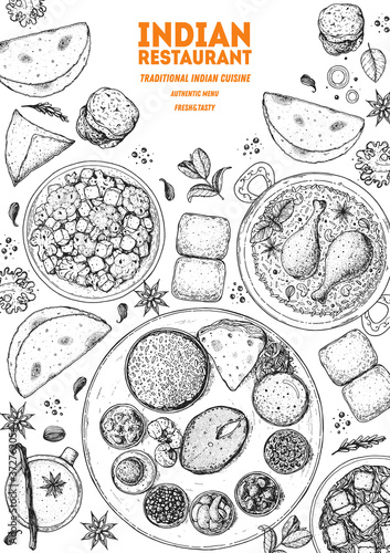 Indian food illustration. Hand drawn sketch. Vector illustration. Menu background.