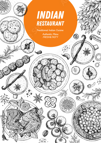 Indian food illustration. Hand drawn sketch. Vector illustration. Menu background.