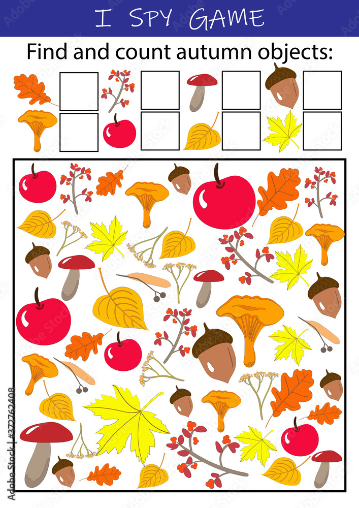I spy autumn objects - educational game for kids. Math worksheet for kindergarten, school, preschool. Development of numeracy skills and attention.