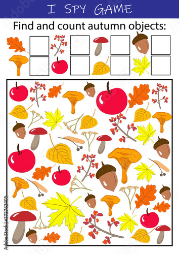 I spy autumn objects - educational game for kids. Math worksheet for kindergarten, school, preschool. Development of numeracy skills and attention. © Mila Che