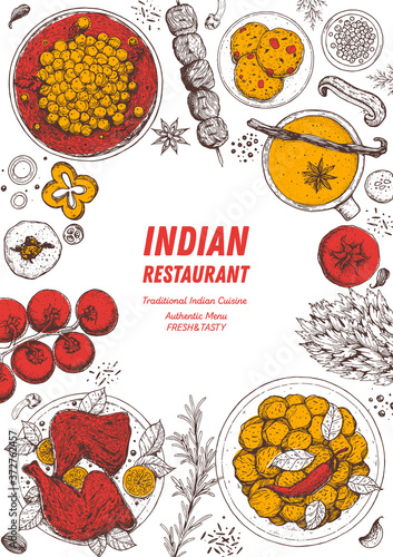 Indian food illustration. Hand drawn sketch. Vector illustration. Menu background.