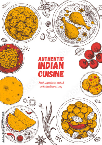 Indian food illustration. Hand drawn sketch. Indian cuisine. Doodle collection. Vector illustration. Menu background. Engraved style.