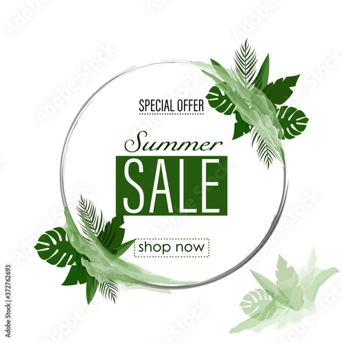 Green sale banner design background with circle frame, special offer text. Round sale banner. Vector vector.