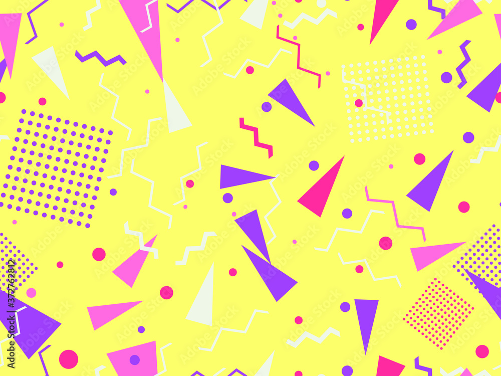 Geometric seamless pattern in style of the 80s. Zigzags and triangles, dots in pop art style. Background for promotional products, wrapping paper and printing. Vector illustration