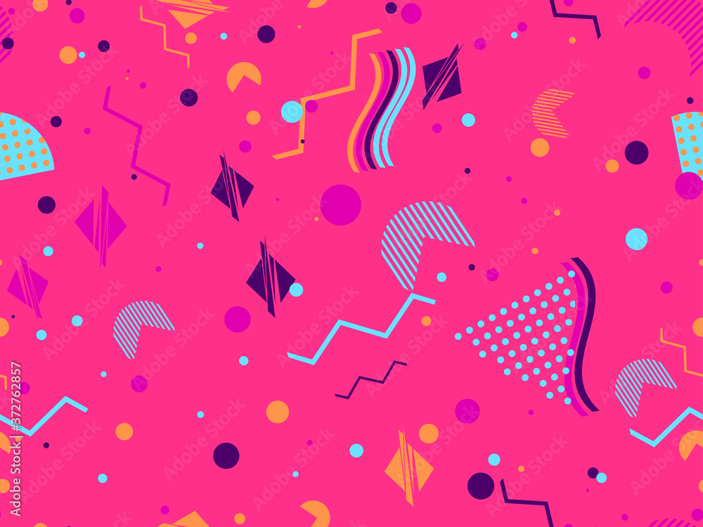 Geometric seamless pattern in style of the 80s. Zigzags and triangles, dots in pop art style. Background for promotional products, wrapping paper and printing. Vector illustration Geometric seamless pattern in style of the 80s. Zigzags and triangles, dots in pop art style. Background for promotional products, wrapping paper and printing. Vector illustration