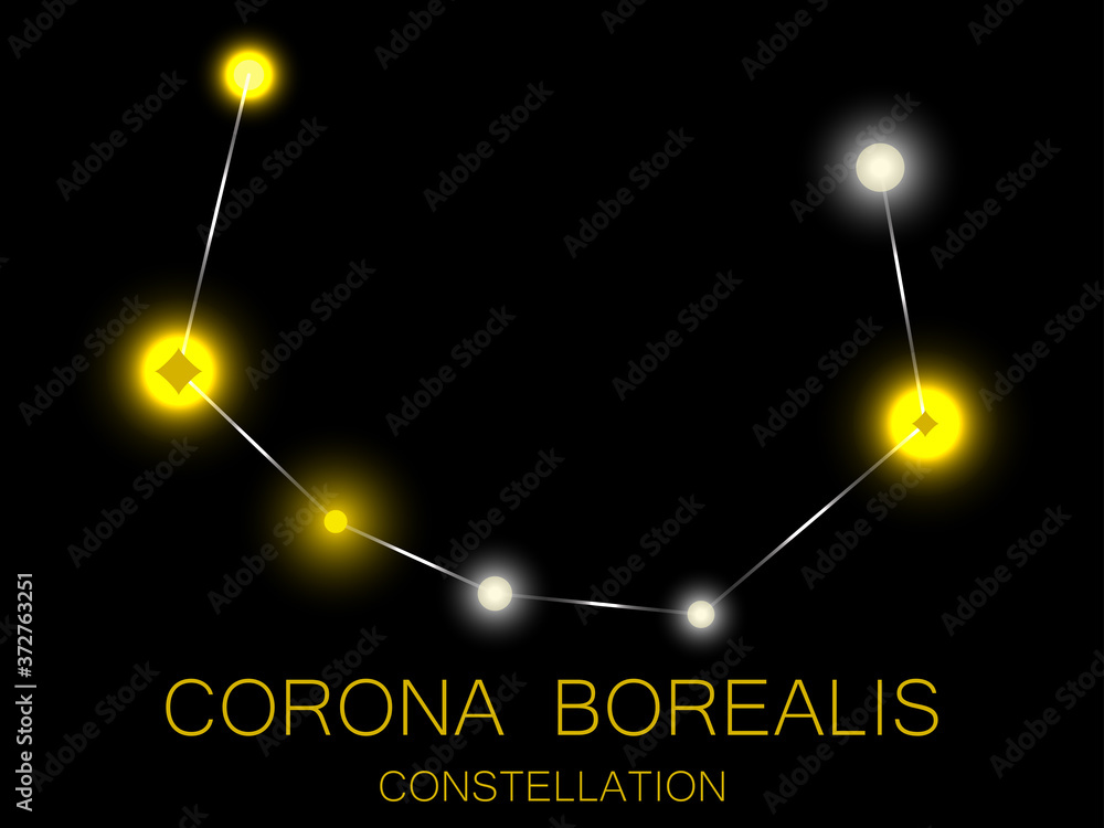 Corona Borealis constellation. Bright yellow stars in the night sky. A ...