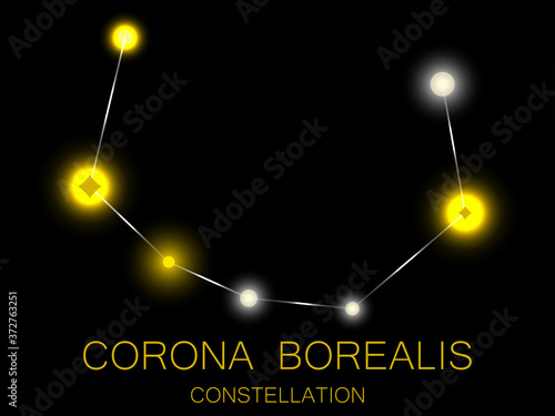 Corona Borealis constellation. Bright yellow stars in the night sky. A cluster of stars in deep space, the universe. Vector illustration