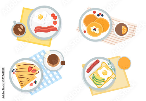 Four assorted servings of breakfast showing eggs and sausage, pancakes, egg on toast and waffles with coffee in a top down view, colored vector illustration