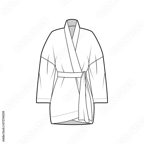 Kimono technical fashion illustration with relaxed fit, long wide sleeves, belt to cinch the waist, above-the-knee length. Flat apparel blouse template front, white color. Women men unisex shirt CAD