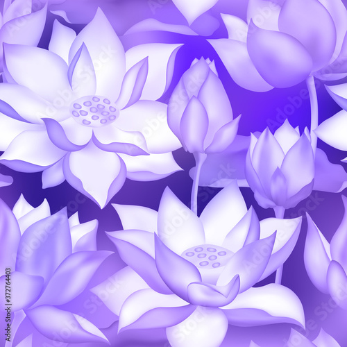 Lotus buds and flowers seamless fabric print., Water lilly nelumbo aquatic plant botanical design.