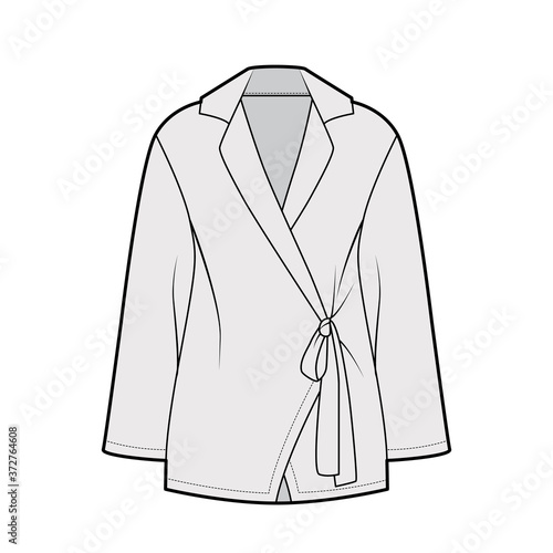 Wrap shirt technical fashion illustration with long sleeves, slightly loose fit, notch collar, ties at the waist. Flat apparel blouse template front, grey color. Women men unisex blazer CAD mockup