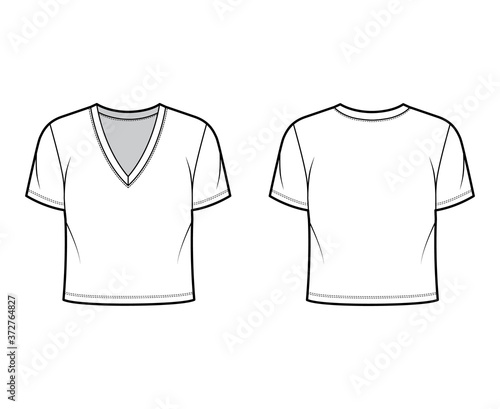 Cropped cotton-jersey t-shirt technical fashion illustration with deep V-neck, short sleeves, waist length. Flat outwear basic apparel template front back white color. Women men unisex top CAD mockup
