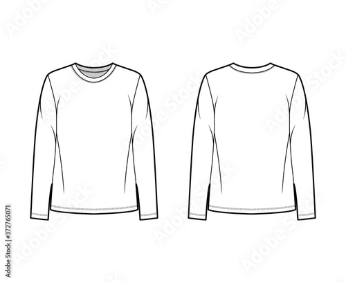 Cotton-jersey shirt technical fashion illustration with relaxed fit, crew neckline, long sleeves. Flat outwear basic apparel template front, back, white color. Women, men, unisex top CAD mockup. 
