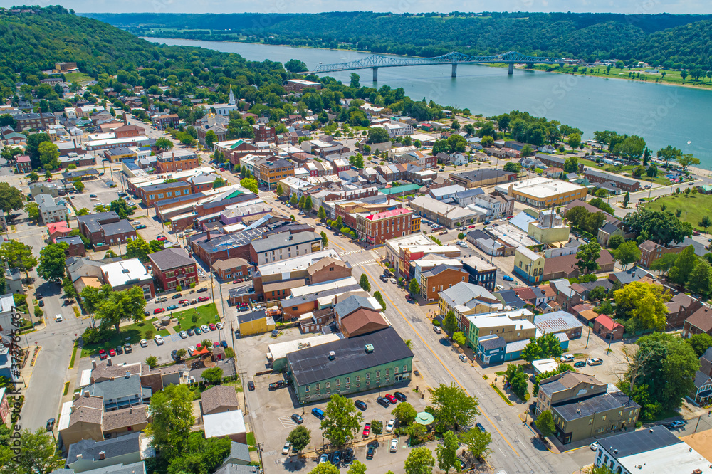 Aerial View of Madison Indiana and the Ohio River. Beautiful scenic little vacation town