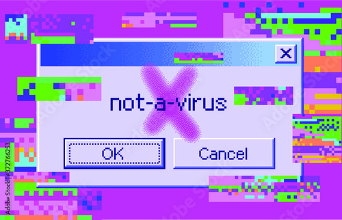 Conceptual illustration of a virus programm, malware, hacker attack. Infected computer screen with warning messages and buggy and glitchy pixels.