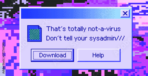 Conceptual illustration of a virus programm, malware, hacker attack. Infected computer screen with warning messages and buggy and glitchy pixels.