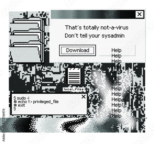 Conceptual illustration of a virus programm, malware, hacker attack. Infected computer screen with warning messages and buggy and glitchy pixels.