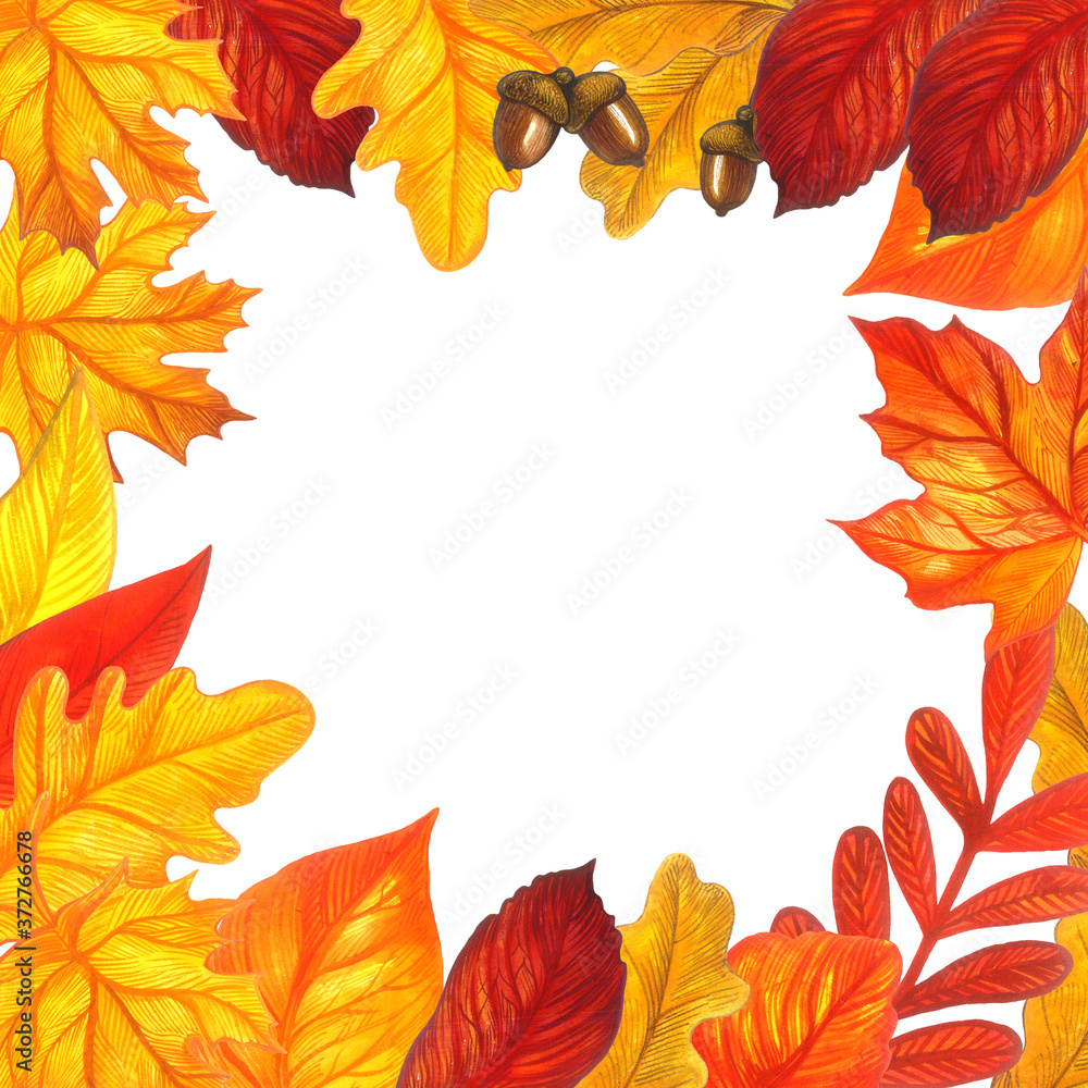 Autumn leaves frame - template for text, banner, card, invitation in autumn style. Bright colorful leaves on white background. Watercolor illustration.