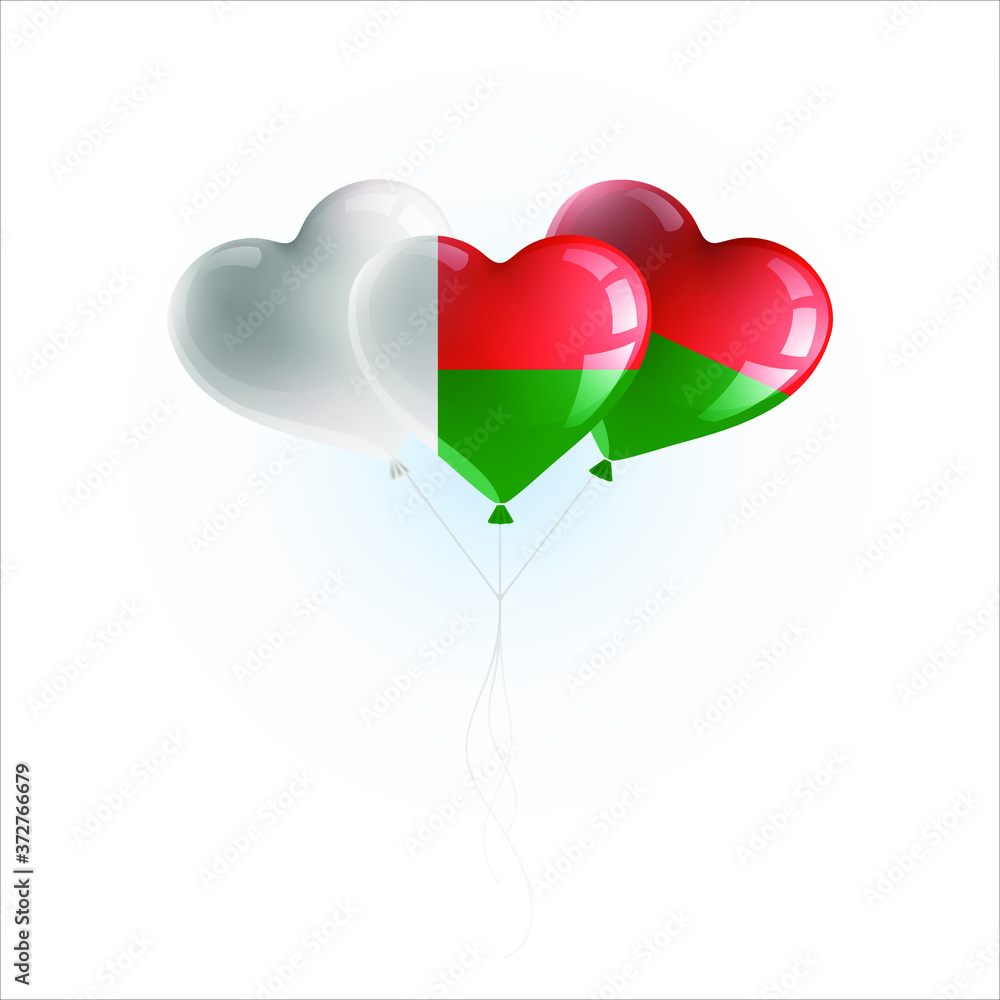 Heart shaped balloons with colors and flag of MADAGASCAR vector illustration design. Isolated object.