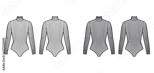 Ribbed cotton-jersey turtleneck bodysuit technical fashion illustration with fitted knit body. Flat outwear basic shirt apparel template front back white grey color. Women men unisex shirt top mockup