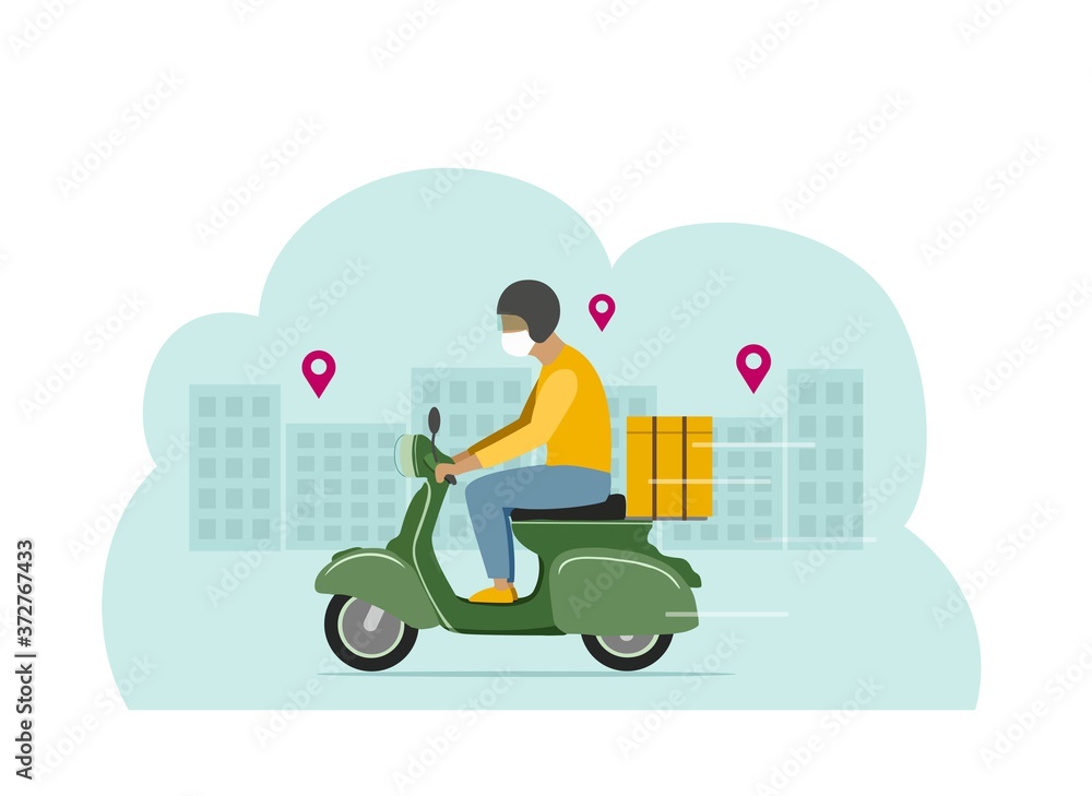 Stock vector illustration of a green moped with delivery. Parcel delivery. Online delivery on a white background. Man in a protective mask. Coronavirus concept.