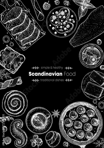 Scandinavian cuisine sketch collection. Hand drawn vector illustration. Food menu design template, engraved elements. Scandinavian food set. Smorgasbord illustration.