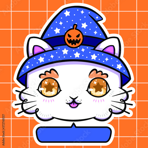 vector die cut sticker illustration of halloween white cat of yellow eyes tongue out and witch wizard starry pumpkin blue hat, dialogue box bubble balloon aesthetic orange squared quadrille background