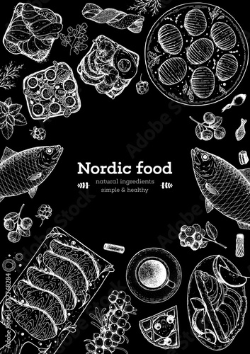 Scandinavian cuisine sketch collection. Hand drawn vector illustration. Food menu design template, engraved elements. Scandinavian food set. Smorgasbord illustration.