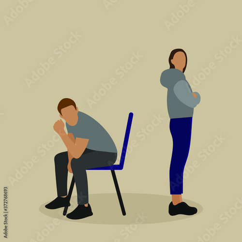 Male character sitting on a chair and standing female character