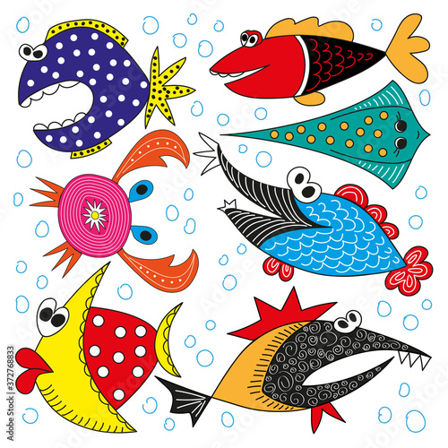 A set of cheerful, funny bright fish and crab. Exotic cartoon sea animals. Print for kids, invitation, postcard, screen, banner, web.