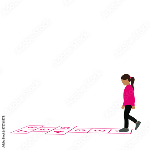Girl playing hopscotch on a white background