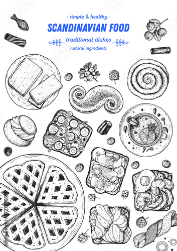 Scandinavian cuisine top view frame. Smorgasbord illustration. A set of Scandinavian dishes . Food menu design template. Vintage hand drawn sketch vector illustration. Engraved image