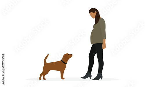 Pregnant female character with a dog on a white background