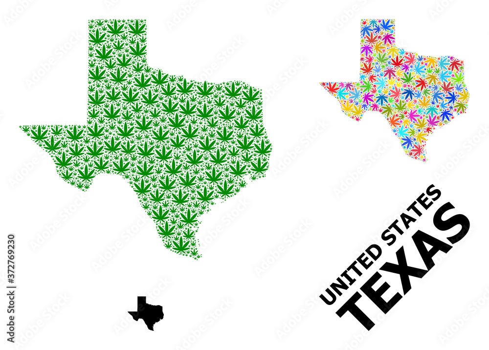 Vector Mosaic Map of Texas State of Bright and Green Cannabis Leaves and Solid Map