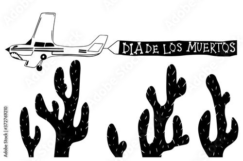 Maize plane with the inscription Dia de los Muertos and cacti on the background. National Mexican postcard