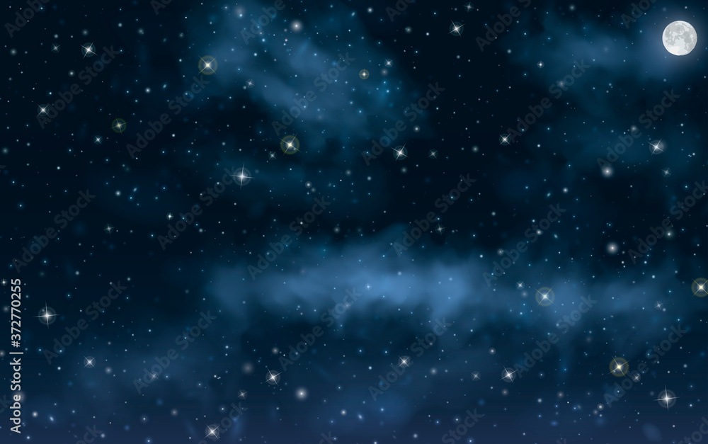 Big high resolution night sky with stars, moon, milky way, nebula on it. Deep space universe background for your work and design. Vector illustration.