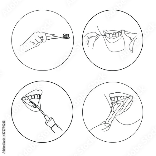 Infographics of home oral care procedures, brushing teeth, brushing tongue, using dental floss and irrigator, vector outline illustration
