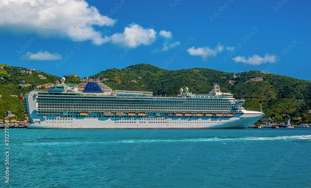 A cruise liner moored at the terminal in Road Town on the main island of Tortola