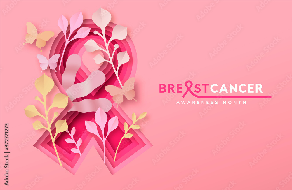 Breast Cancer month card of papercut nature ribbon Breast Cancer month card of papercut nature ribbon