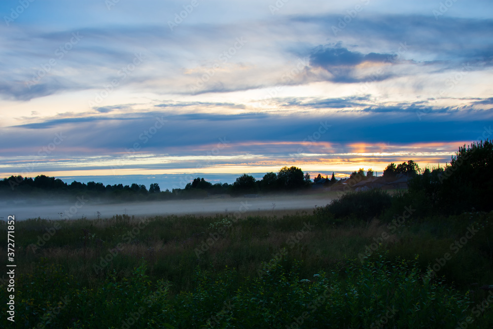 Fog over a field in a village on a summer evening. Low depth of field