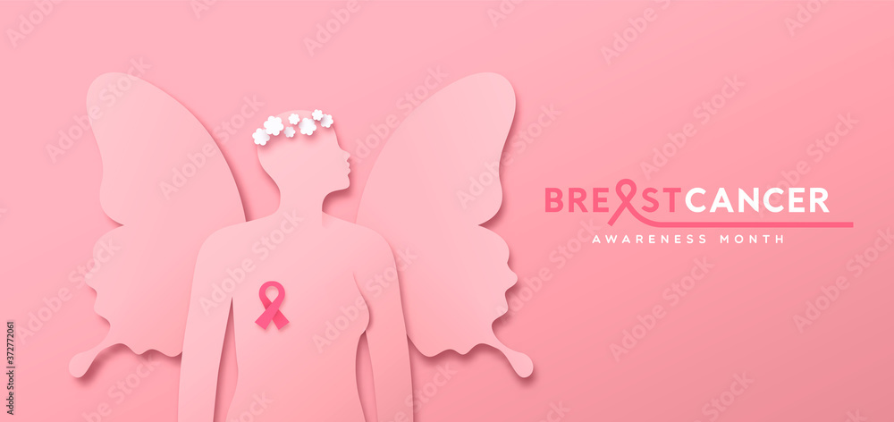 Breast cancer month pink papercut butterfly woman