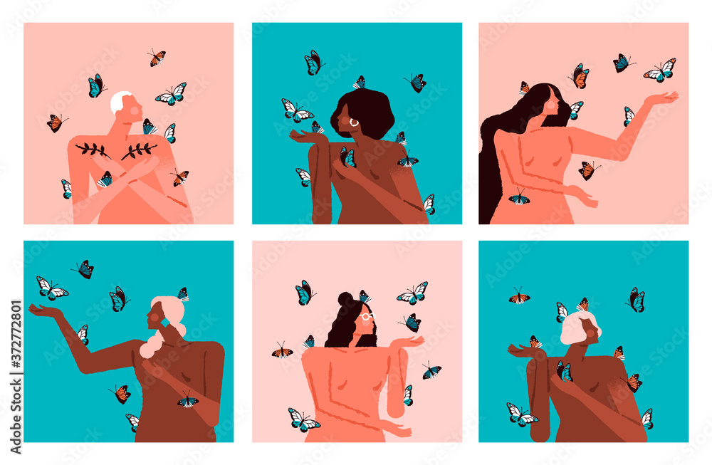 Diverse women character set with butterfly